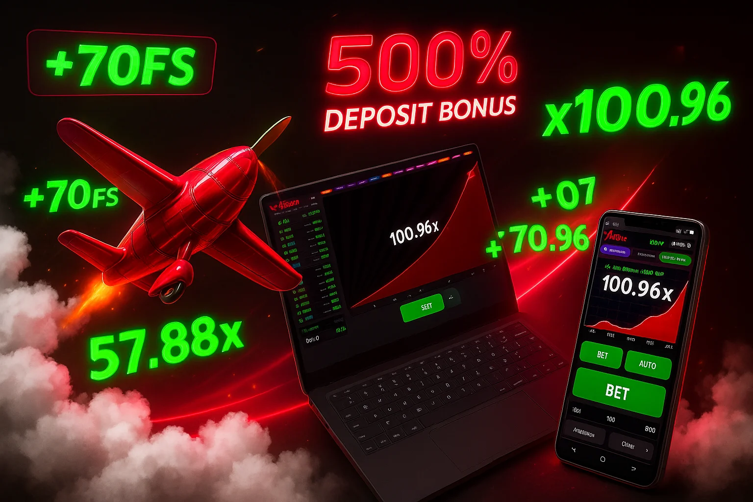 Interfaz de la app Aviator Vista detallada de la aplicación Aviator. Avión rojo despegando sobre fondo de nubes, interfaz moderna y velocímetro digital.